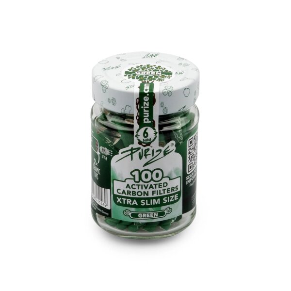 PURIZE® Xtra Slim Size Aktivkohlefilter 6mm | 100er Glas | Grün
