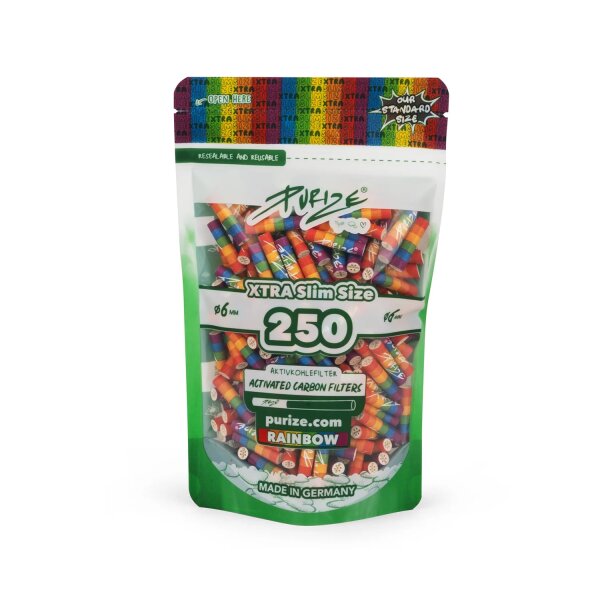 PURIZE® Xtra Slim Size Aktivkohlefilter 6mm | 250er Beutel | Rainbow